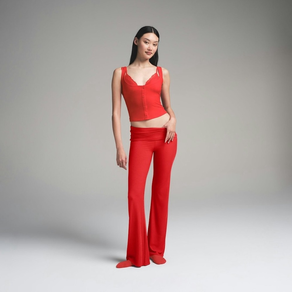 Skims Ribbed Limited Edition Soft Lounge Flared Pants Cherry Red